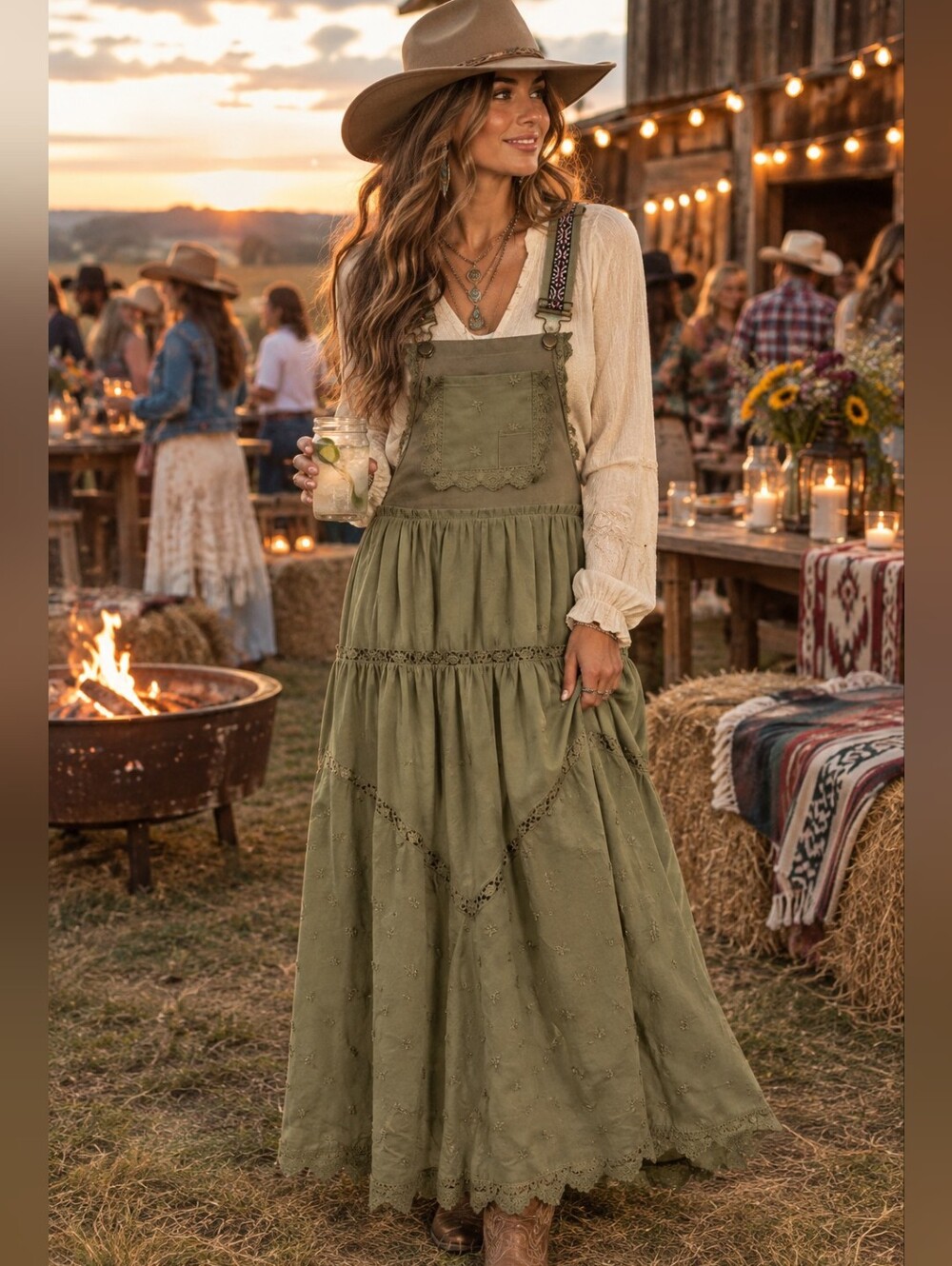 Olive Green Boho Maxi Pinafore Dress
